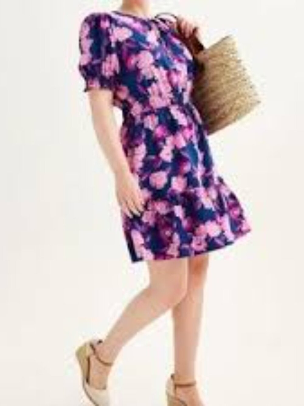 Draper James Puff Sleeve Fit & Flare Mini Dress Navy‎ Purple Floral Size XL